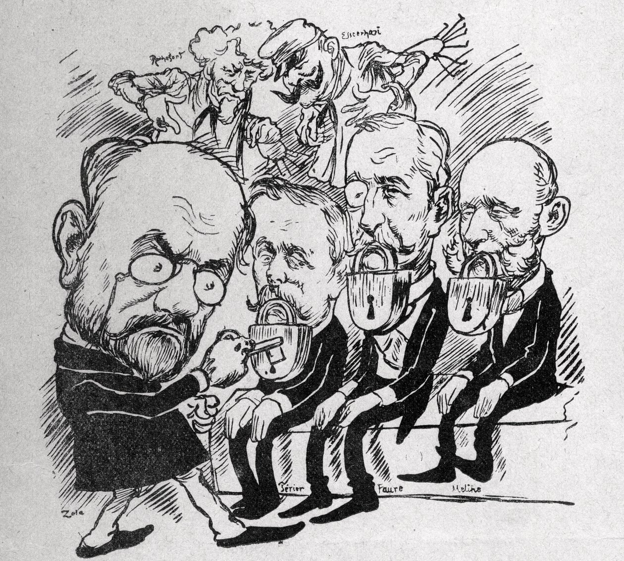 Emile Zola cerca di sbloccare le serrature che chiudono le bocche dei presidenti Jean Casimir-Perier (1847-1907) e Félix Faure (1841-1899) così come il presidente del Consiglio Jules Méline (1838-1925), mentre sullo sfondo Henri Rochefort (1831-1913) racco da Austrian School