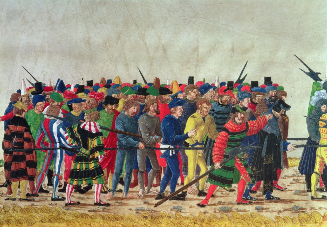 Alabardieri di Massimiliano I (1459-1519) che sorvegliano prigionieri francesi da Austrian School
