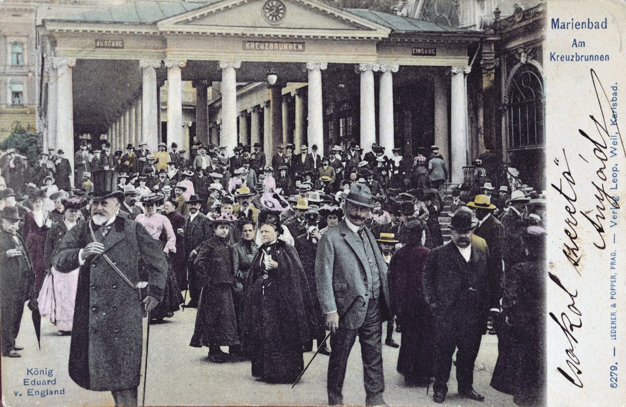 Cartolina raffigurante il re Edoardo VII (1841-1910) in visita alla spa di Marienbad, c.1905 da Austrian School