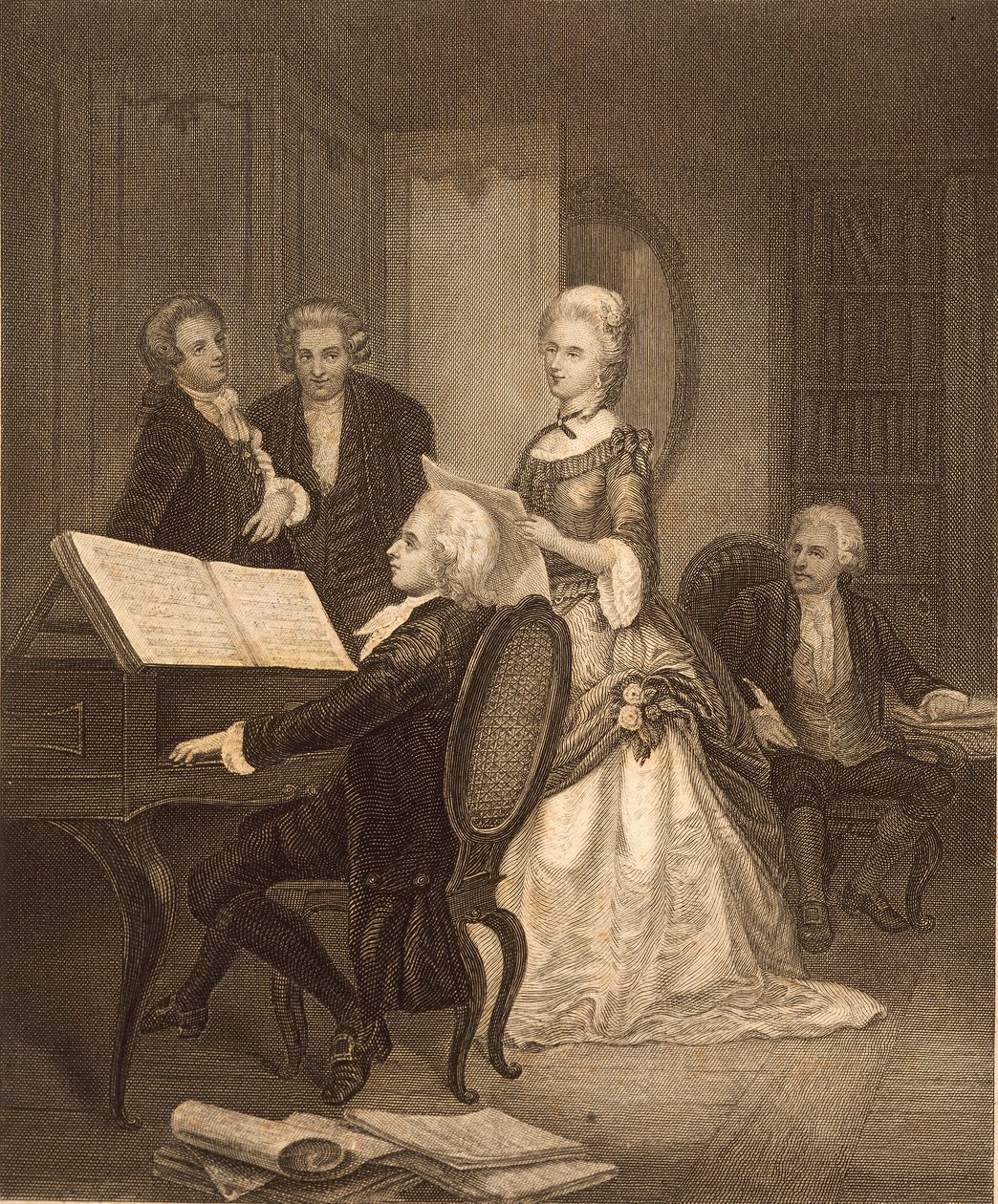 Wolfgang Amadeus Mozart accompagna Caterina Maddalena Giuseppa (incisione) da Austrian School