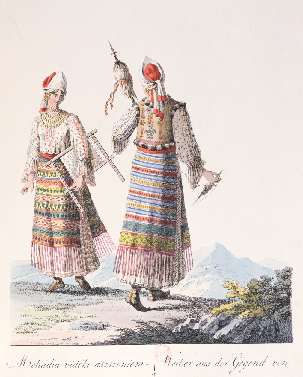 Donne in abiti tradizionali della regione di Mehadia, illustrazione da un libro Costumi di Ungheria di J.H. de Bikkesy, 1810 da Austrian School