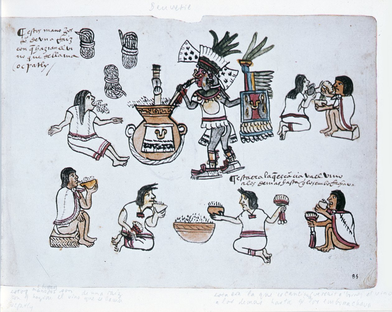 Divinità azteca del pulque che soffia su un tubo sopra un vaso di pulque e uomini che bevono pulque, illustrazione dal Codice Magliabechiano da Aztec