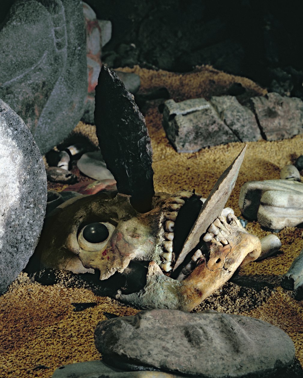 Teschio con coltelli di selce infilati nella bocca e nel naso (dettaglio) da Aztec