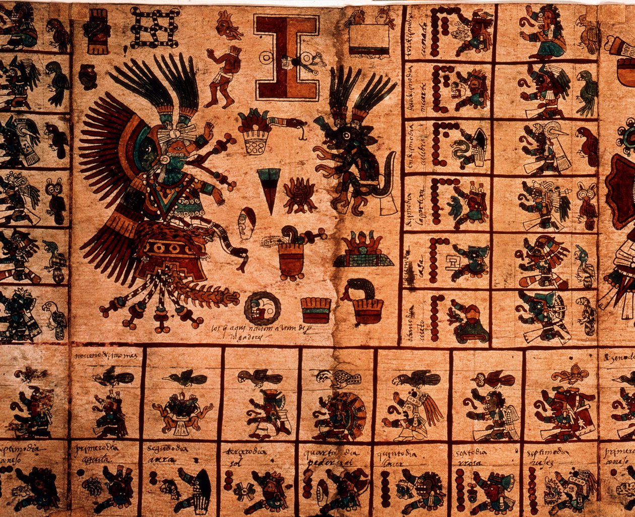 Rappresentazione di divinità azteche e caselle corrispondenti al calendario. Pagina del manoscritto azteco su corteccia "Codex Borbonicus", codice indigeno precolombiano del Messico centrale, fine XV secolo. Biblioteca dell