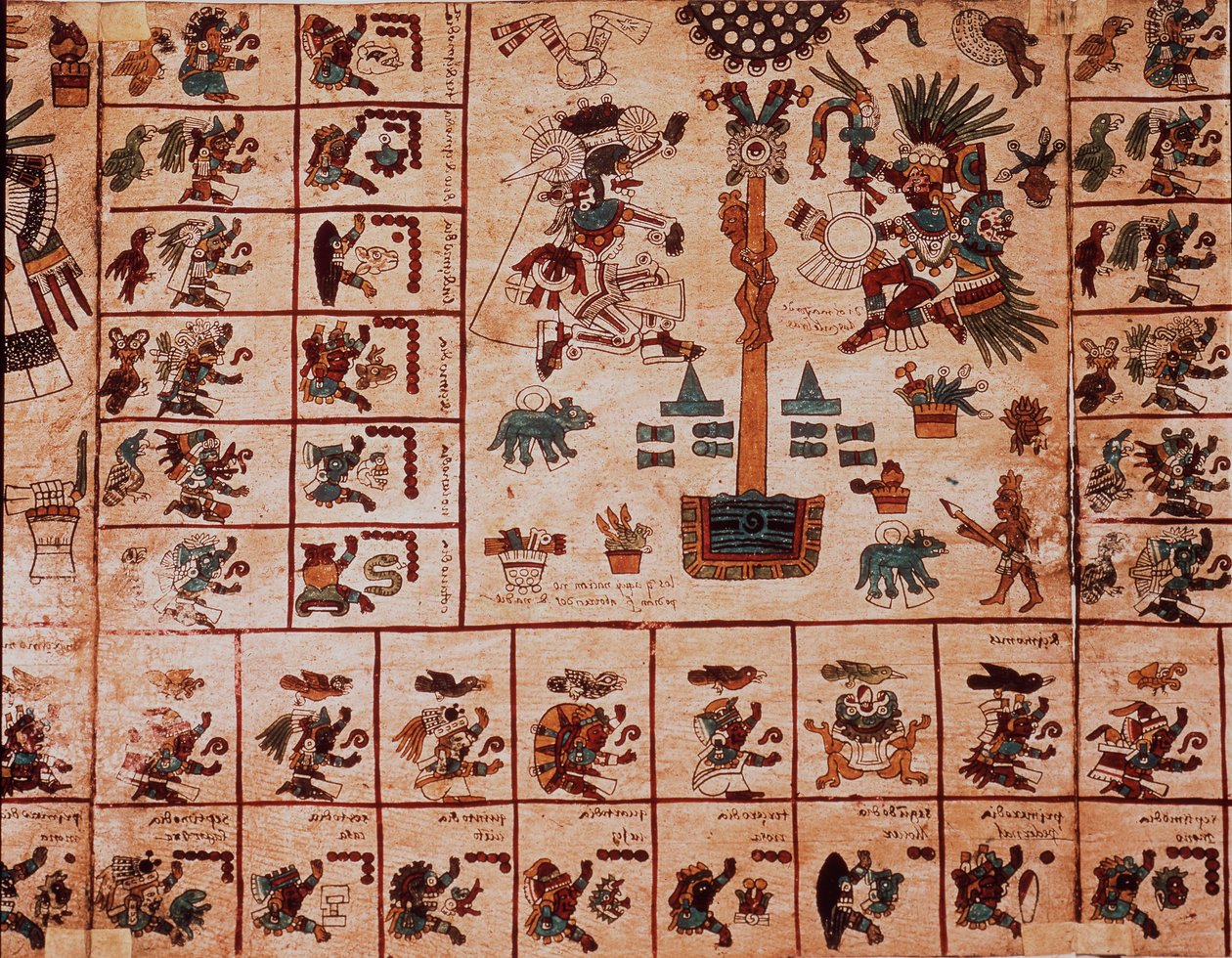 Rappresentazione di divinità azteche e caselle corrispondenti al calendario. Pagina del manoscritto azteco su corteccia Codice Borbonico, codice indigeno precolombiano del Messico centrale, fine XV secolo. Biblioteca dell