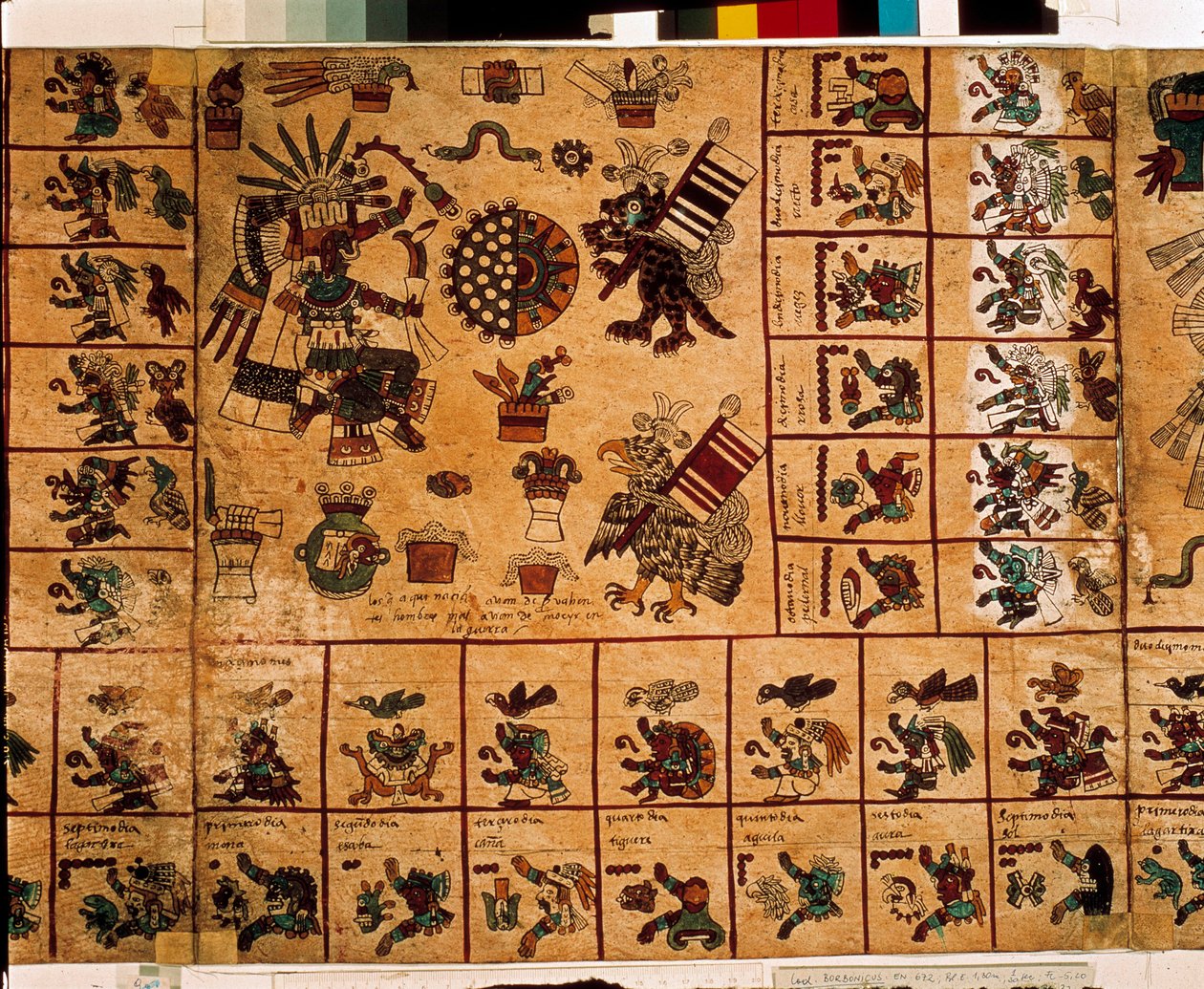 Rappresentazione di divinità azteche e caselle corrispondenti al calendario. Pagina del manoscritto azteco su corteccia "Codice Borbonico", codice indigeno precolombiano del Messico centrale, fine XV secolo. Biblioteca dell