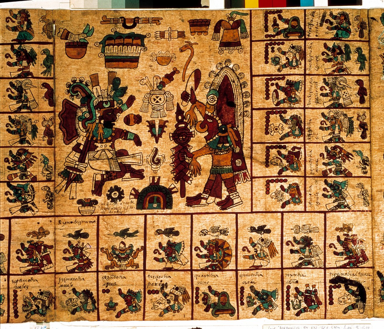 Rappresentazione delle divinità azteche e delle caselle corrispondenti al calendario. Pagina del manoscritto azteco su corteccia "Codex Borbonicus", codice indigeno precolombiano del Messico centrale, fine XV secolo. Biblioteca dell