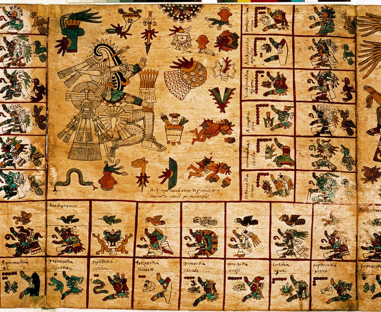 Rappresentazione di divinità azteche e caselle corrispondenti al calendario. Pagina del manoscritto azteco su corteccia 