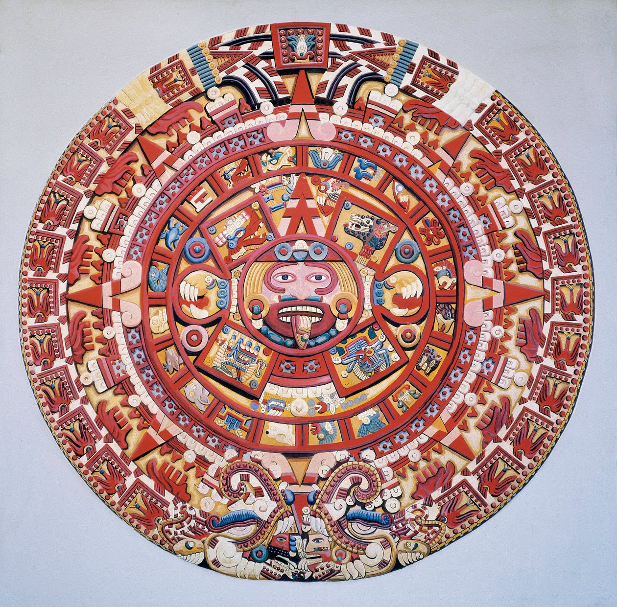 Civiltà precolombiana: il calendario azteco (Pietra del Sole): disco che rappresenta il calendario azteco e la cosmogonia (Tonalpohualli) da Aztec Aztec