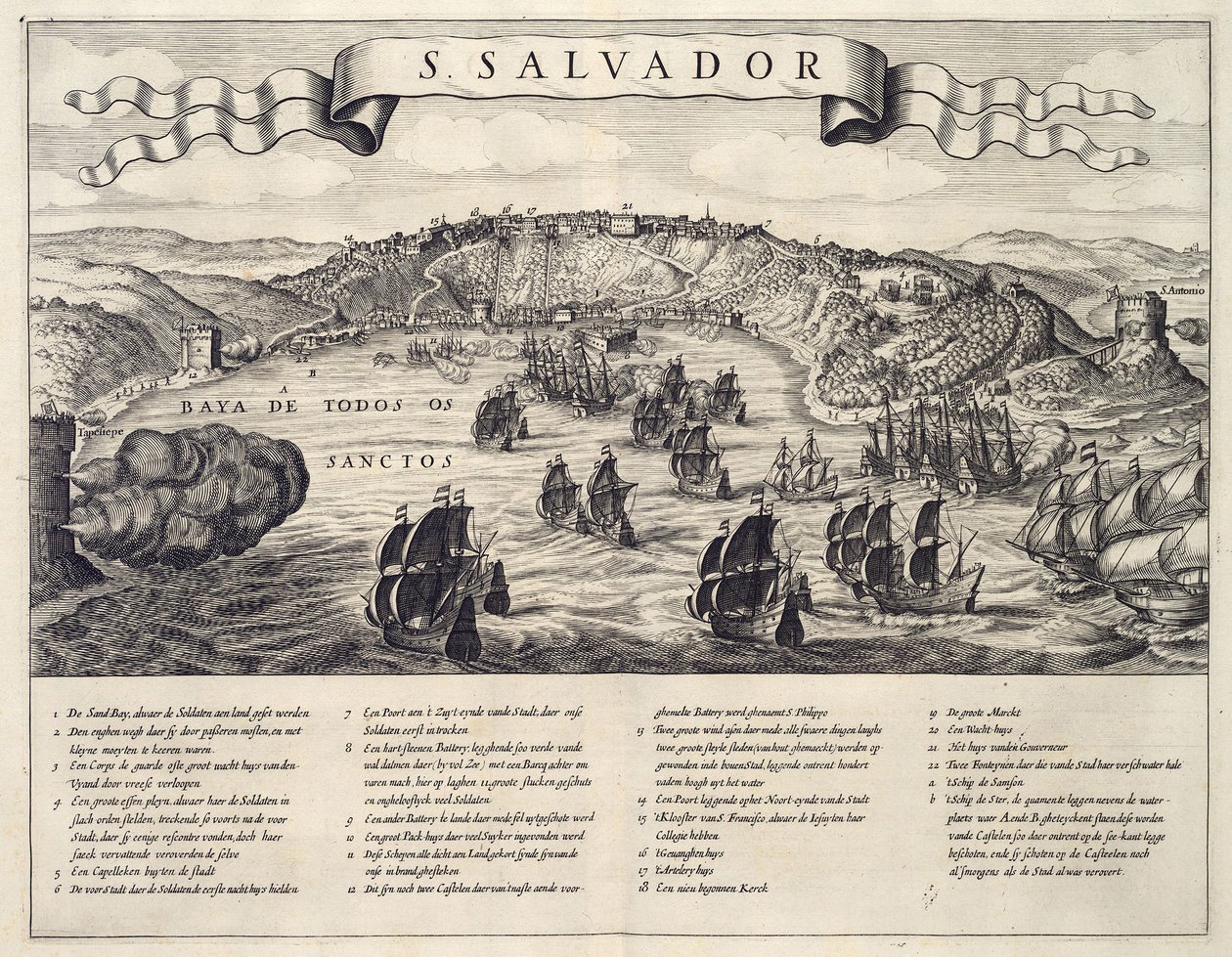 Veduta della battaglia per la città di San Salvador nella Baia di Tutti i Santi tra olandesi e portoghesi nel 1624 da B. Elsevier