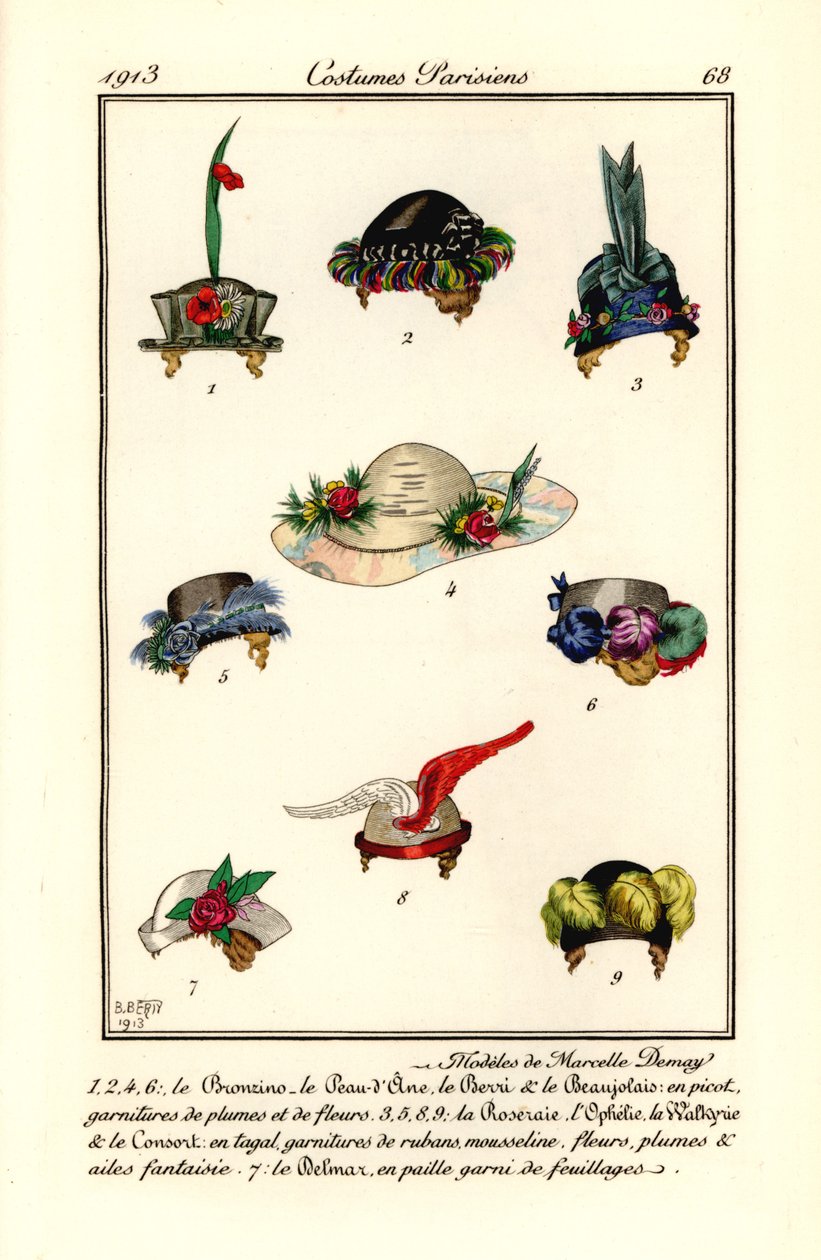 Disegni di cappelli da donna della modista Marcelle Demay. Modelli di Marcelle Demay. Incisione pochoir colorata a mano dopo un