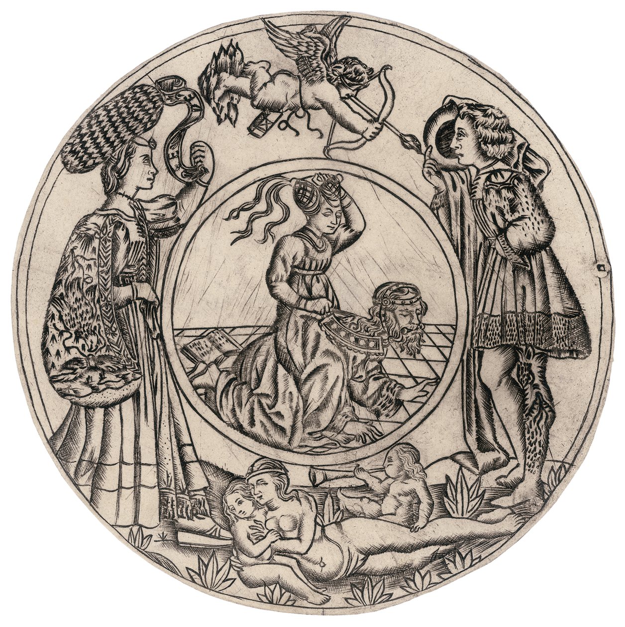 Aristotele e Fillide, circondati da un giovane e una giovane con Eros, e una donna nuda reclinata con due bambini, seconda metà del XV secolo da Baccio Baldini