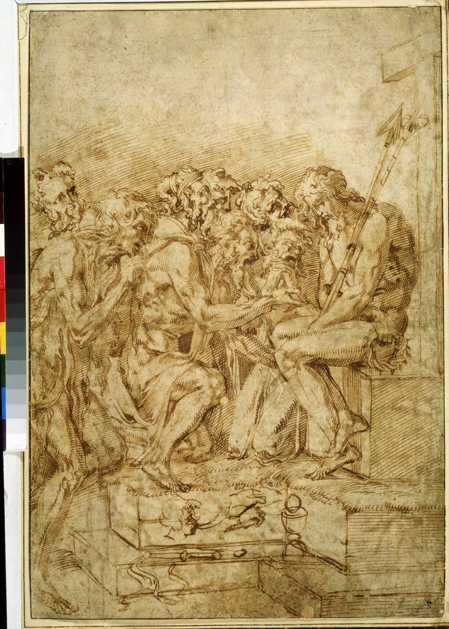 Cristo con i simboli della Passione circondato da sette figure. Disegno a inchiostro marrone di Baccio Bandinelli (1493-1560) XVI secolo Museo Puskin, Mosca da Baccio Bandinelli