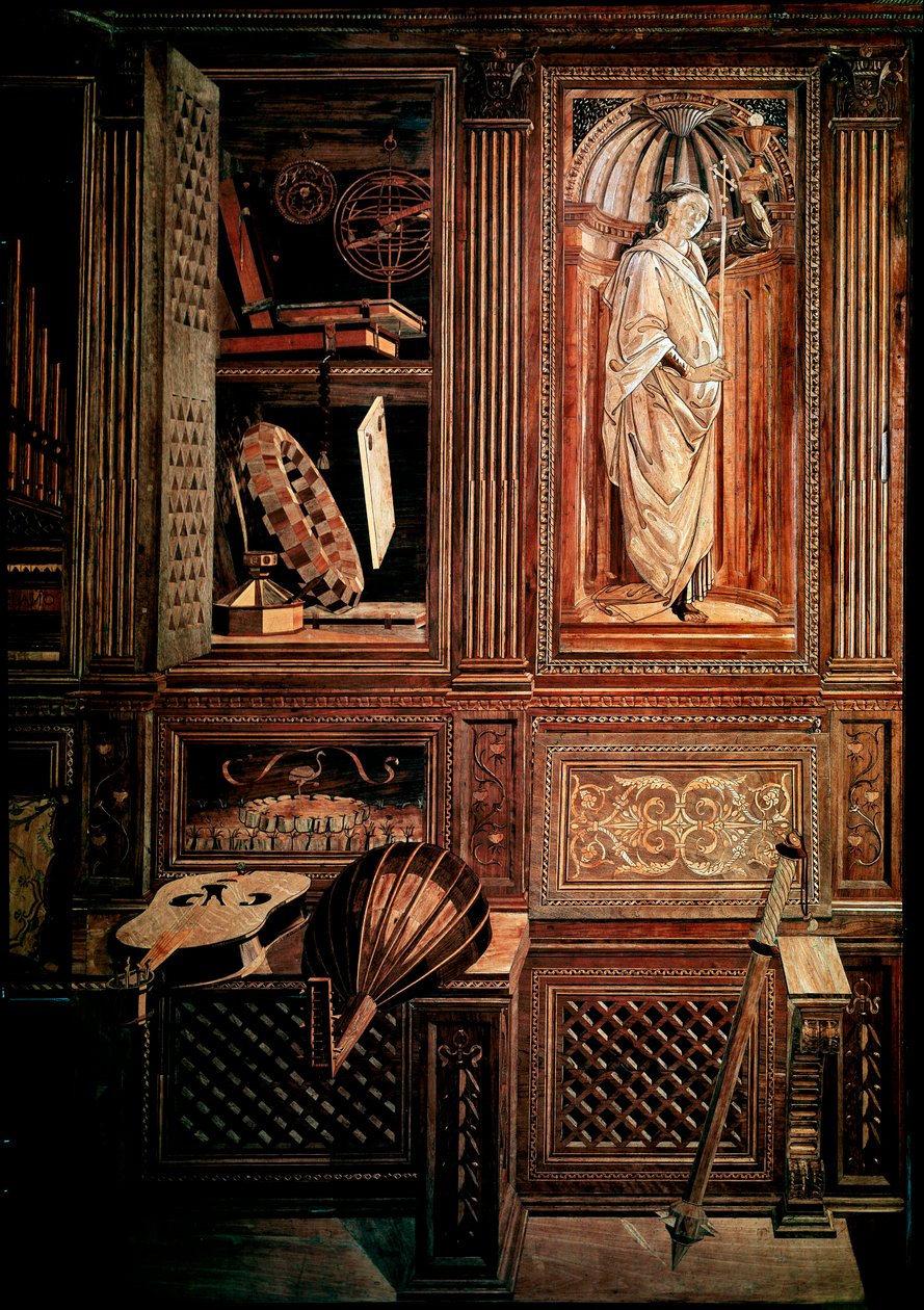 Studiolo del Duca Federico III da Montefeltro, Duca di Urbino. Dettaglio con rappresentazione di un mazzocchio. Mosaico in legno, modanature eseguite da Baccio Pontelli (1450-92) dopo disegni di da Baccio Pontelli