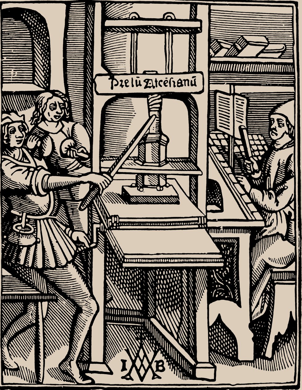 Prelum Ascensianum: dispositivo del tipografo con la pressa da stampa in funzione, 1508 da Badius