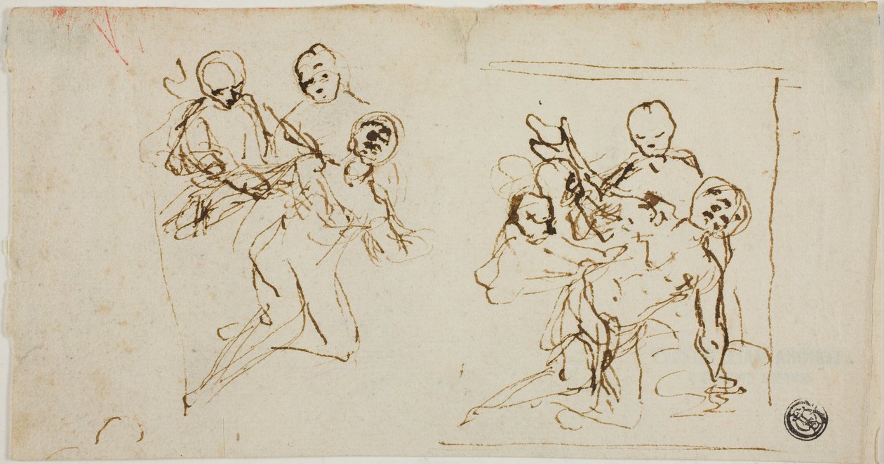 Due schizzi compositivi di figura che crolla sostenuta da altre due figure (recto); schizzo compositivo di figura inginocchiata accompagnata da altre due figure da Baldassare Franceschini