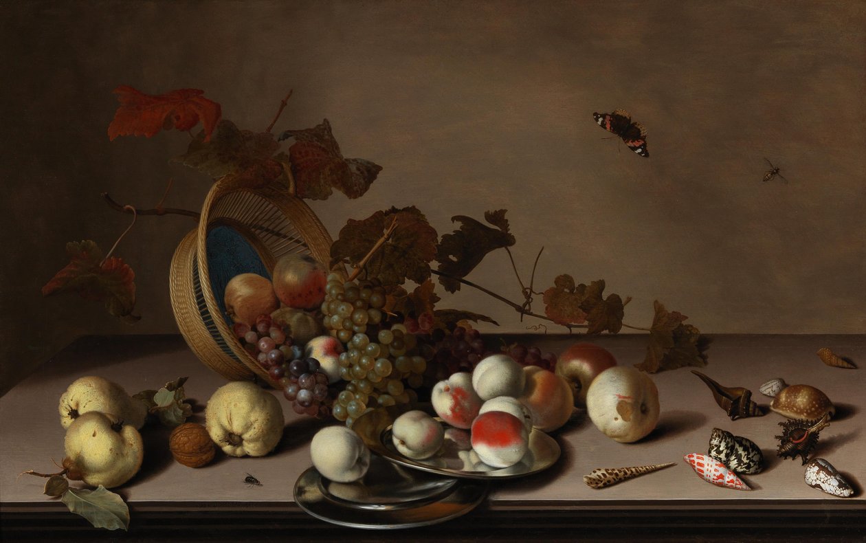 Natura morta con frutta, cesto di vimini, cozze e farfalla, prima metà del XVII secolo da Balthasar van der Ast