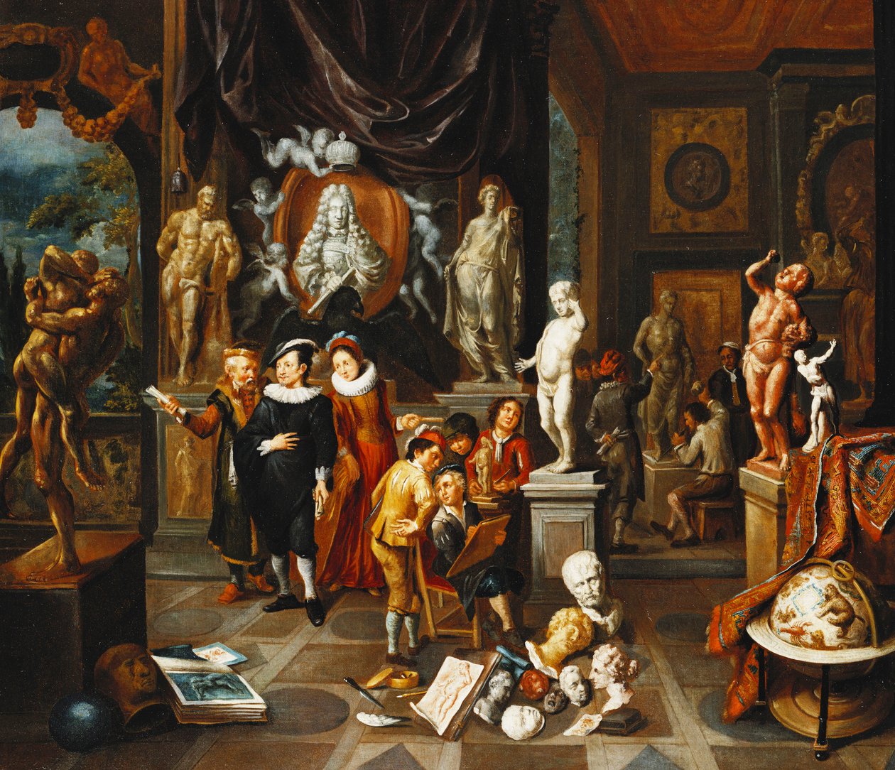 Una coppia elegante visita una galleria di sculture, con un artista che disegna e uno scultore al lavoro da Balthasar van den Bossche