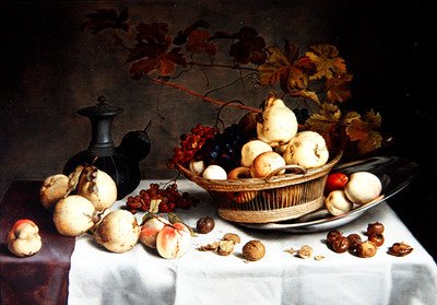 Natura morta di mele cotogne in un cesto, altra frutta e oggetti da Balthasar van der Ast