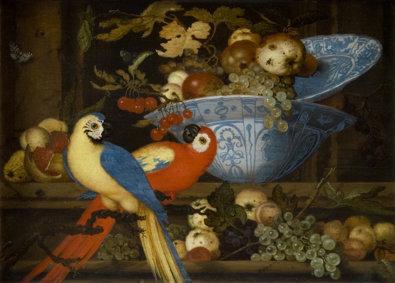 Natura morta con frutta e due pappagalli da Balthasar van der Ast