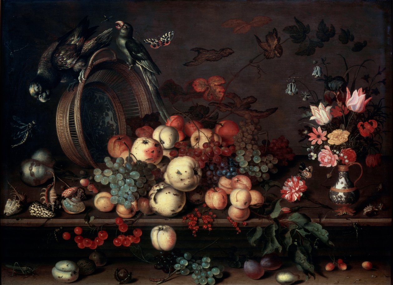 Natura morta con frutta, fiori e pappagalli da Balthasar van der Ast