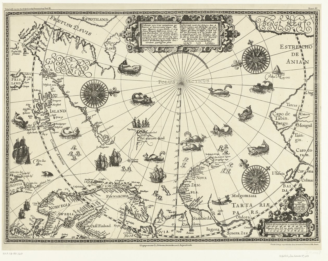 Mappa dei paesi intorno al Circolo Polare Artico con i tre viaggi degli olandesi nel 1598 da Baptista van (after) Doetechum