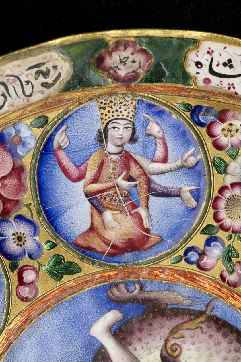 Ciotola con coperchio, piattino e cucchiaio con decorazione astrologica, inizio XIX secolo da Baqir