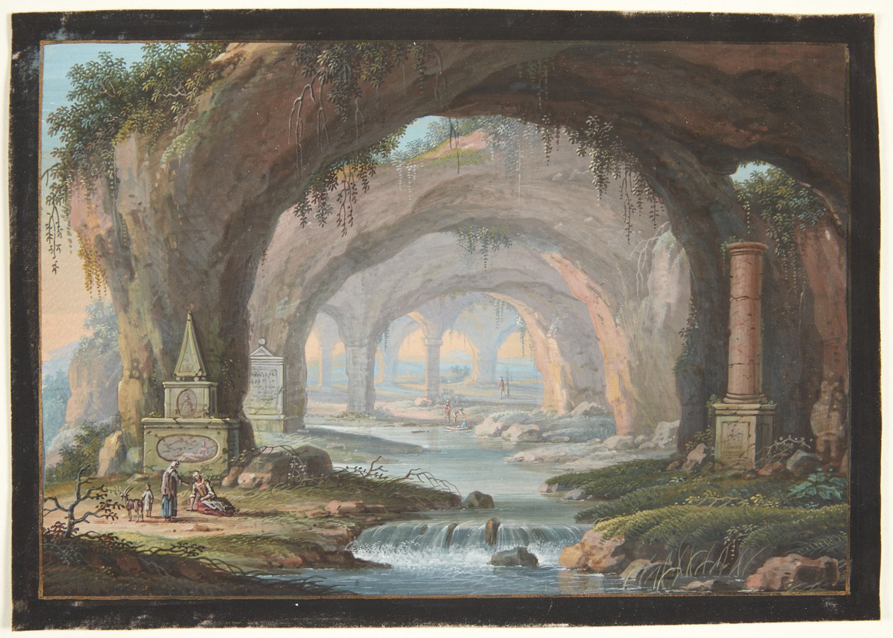 Paesaggio con grotte perforate, monumenti funebri, un fiume e figure da Barbara Dietzsch