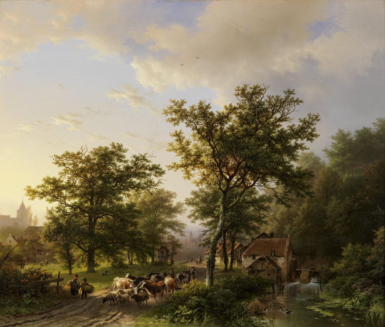 Paesaggio con mulino ad acqua e contadini che guidano il bestiame da Barend Cornelis Koekkoek