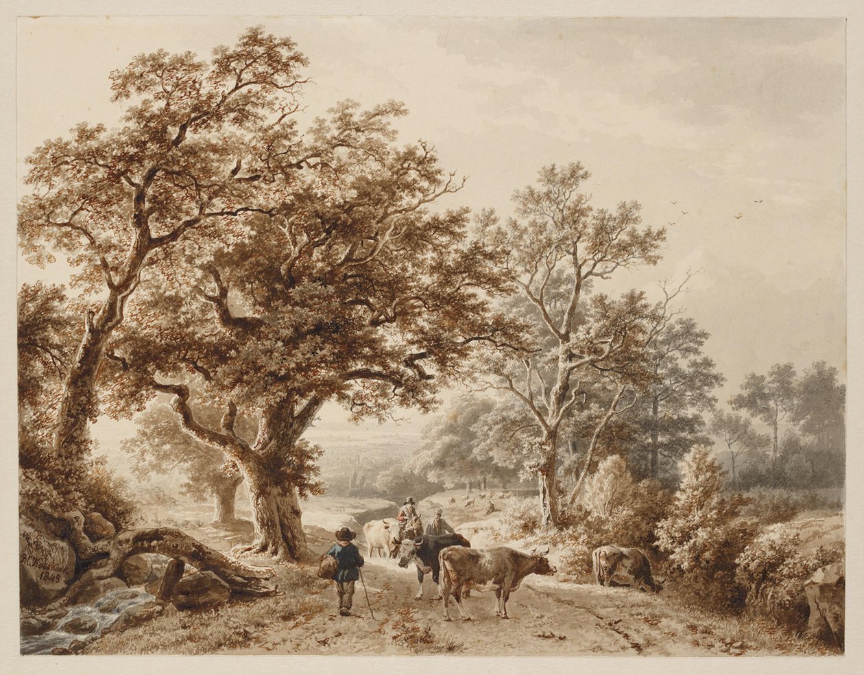 Un paesaggio con fitti boschi di querce, animato da bestiame e figure da Barend Cornelis Koekkoek