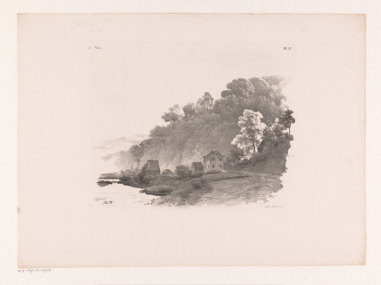 Paesaggio collinare con fiume, strada di campagna e case da Barend Cornelis Koekkoek
