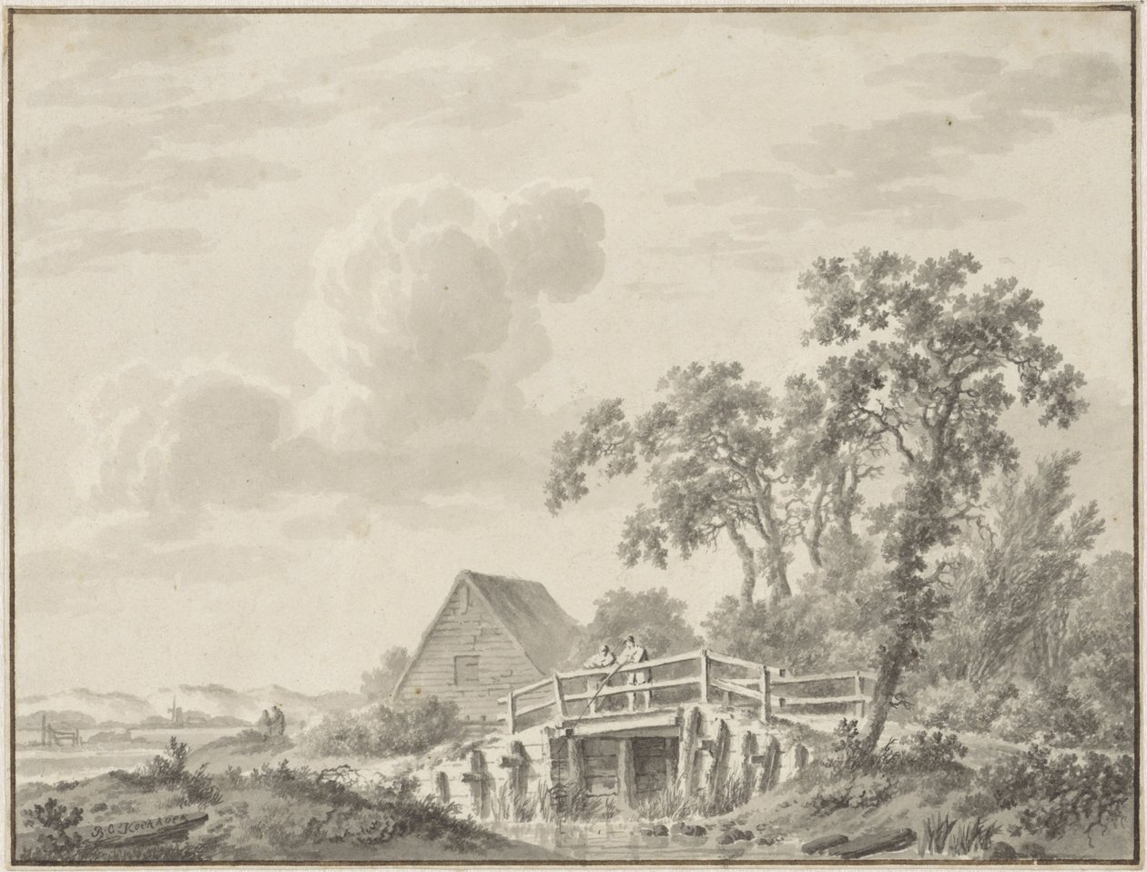 Paesaggio al margine di una duna con un pescatore da Barend Cornelis Koekkoek