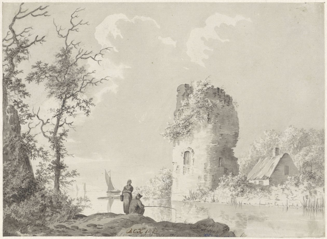 Paesaggio fluviale con torre e pescatore da Barend Cornelis Koekkoek