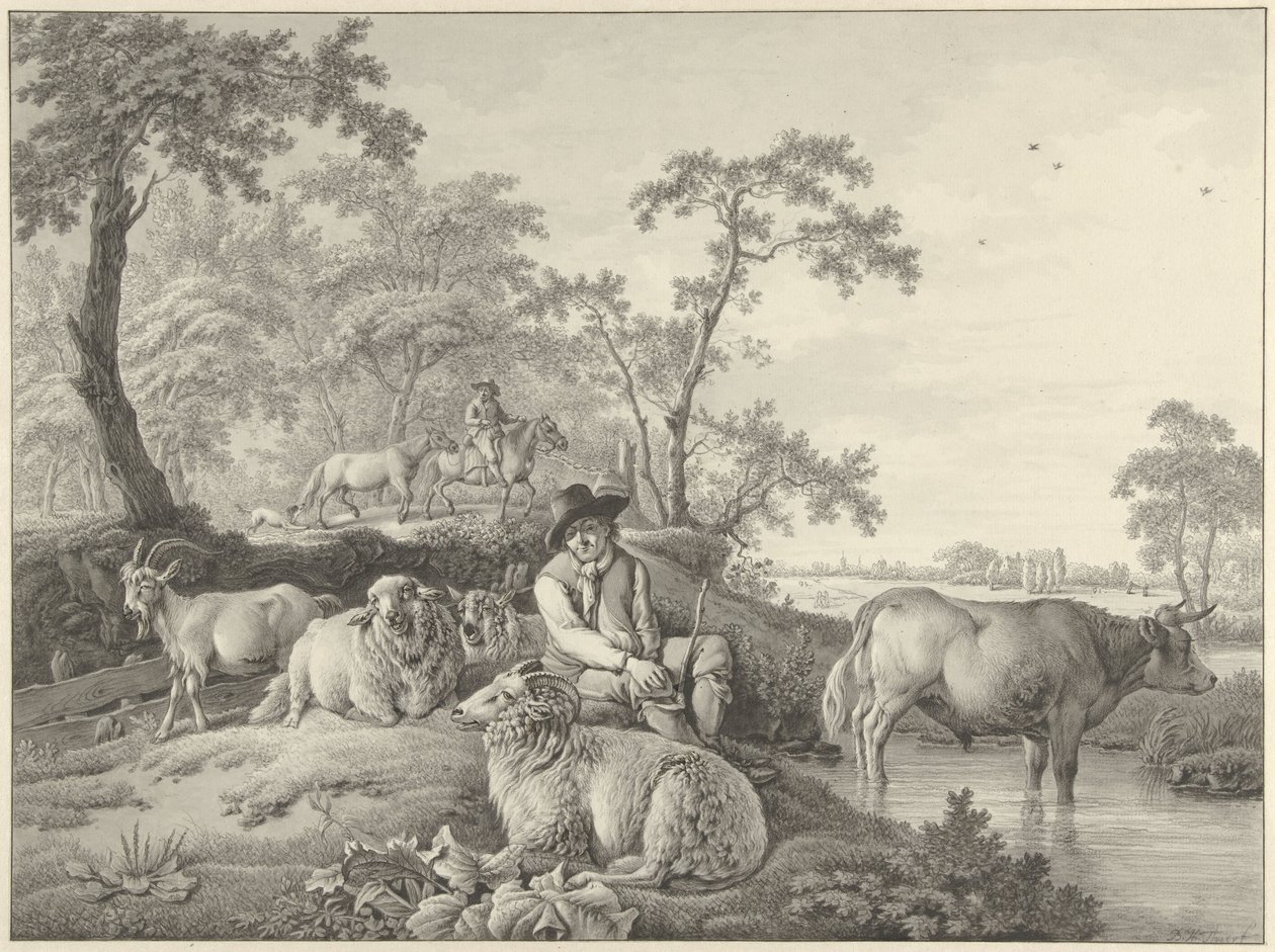 Pastore con pecore, una capra e un giovane toro in un paesaggio da Barend Hendrik Thier