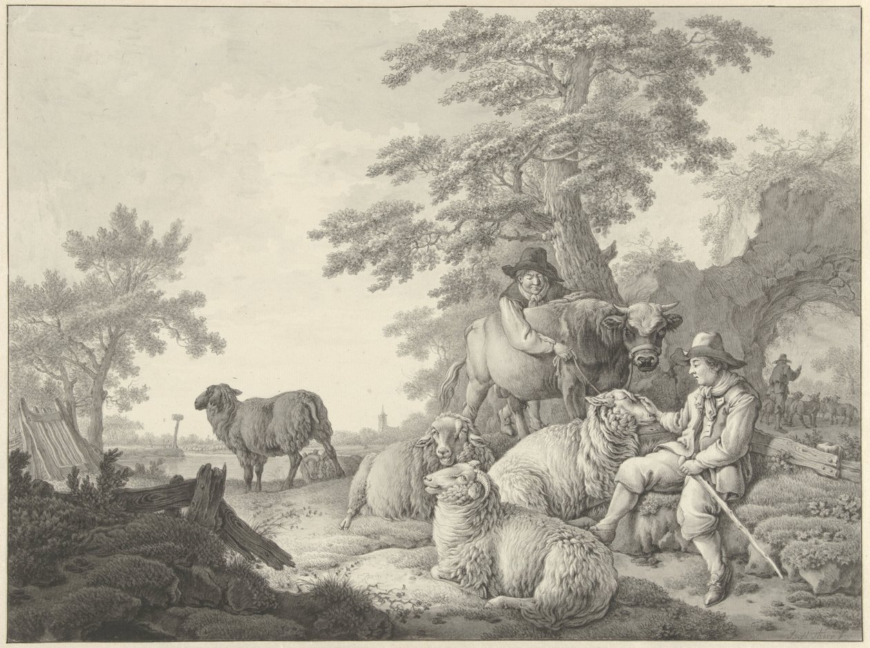 Pastore con pecore e un ragazzo con un giovane toro in un paesaggio da Barend Hendrik Thier