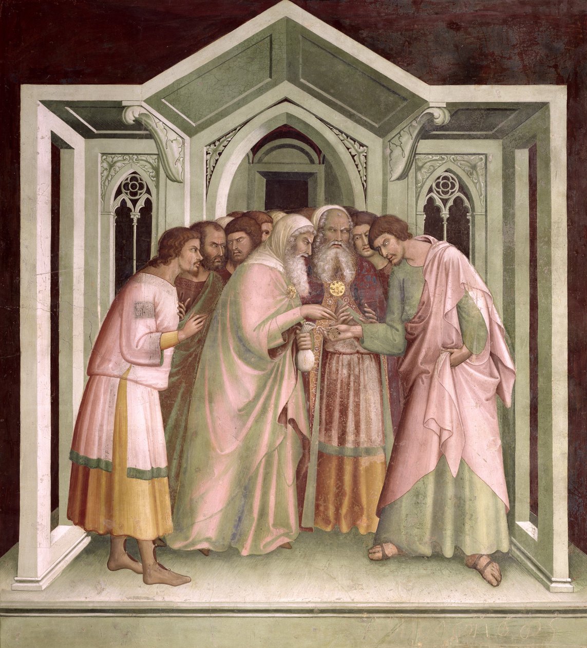 Giuda riceve il pagamento per il suo tradimento, da una serie di Scene del Nuovo Testamento da Barna da Siena