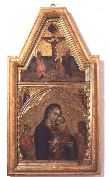 Madonna col Bambino con San Giovanni Battista e Santa Caterina, con scena della Crocifissione sopra da Barnaba da Modena