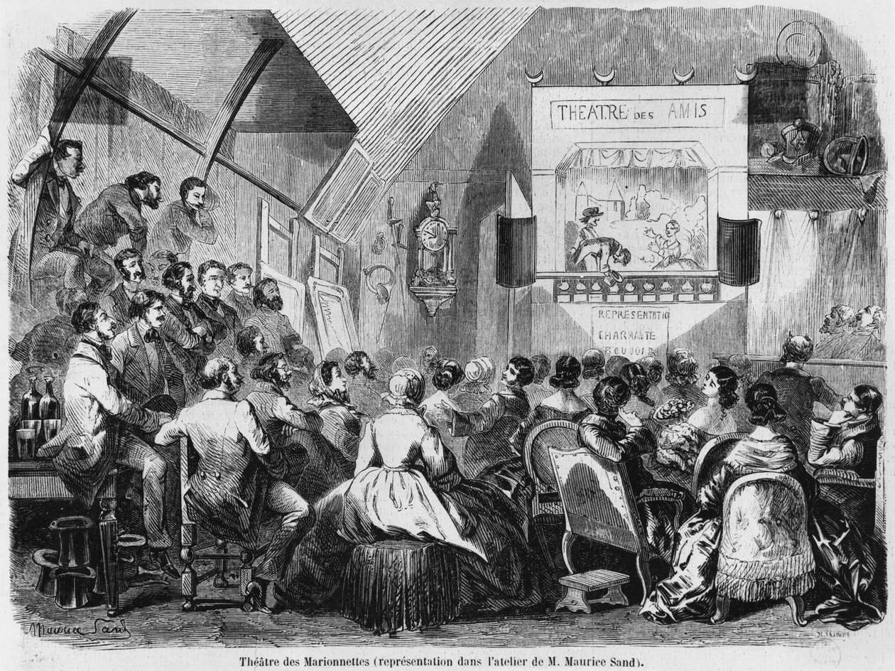 Spettacolo di marionette nello studio di Maurice Sand, 1870 da Maurice Sand