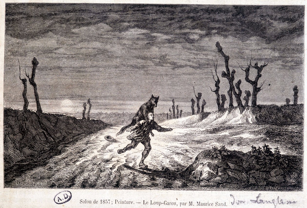 Lupo mannaro che attacca un uomo - da dipinto di Maurice Sand esposto al Salon del 1857 da Baron Dudevant Jean Francois Maurice (after) Sand