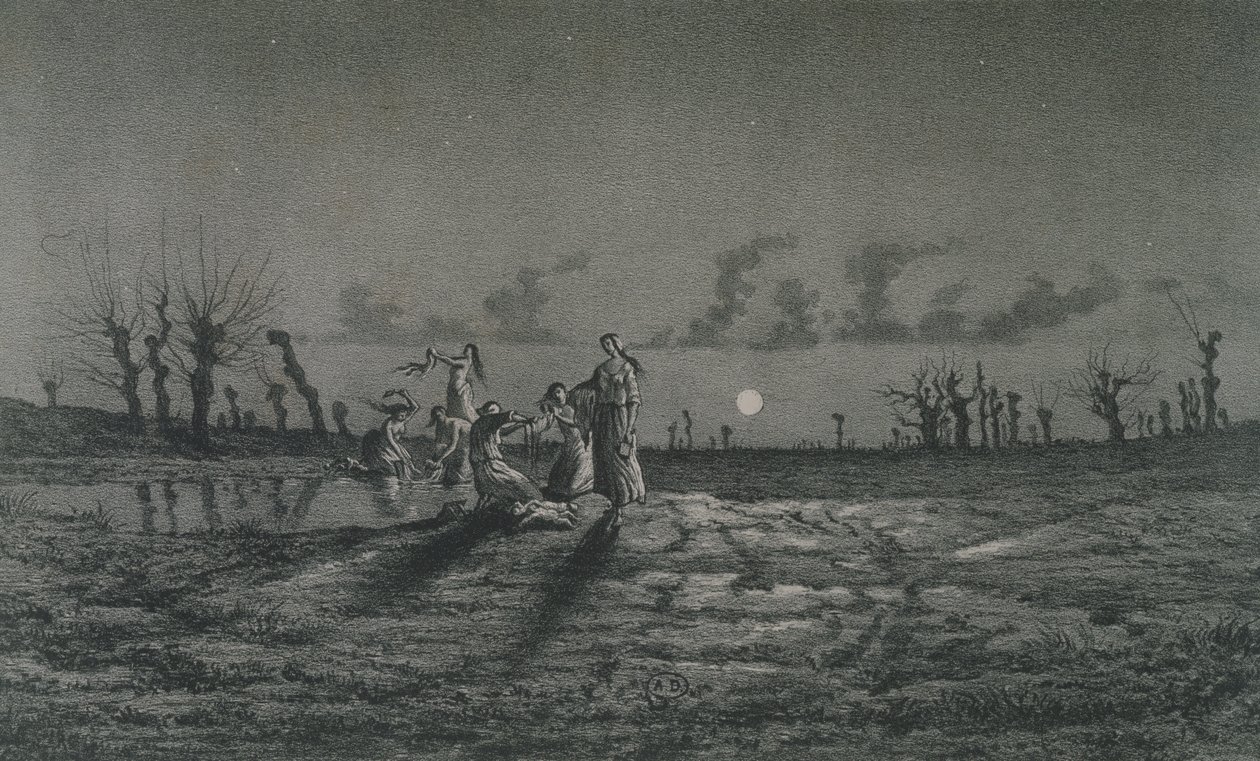 Le lavandaie o le lavandaie notturne, illustrazione per Leggende Rustiche di George Sand (1804-76) 1858 da Maurice Sand