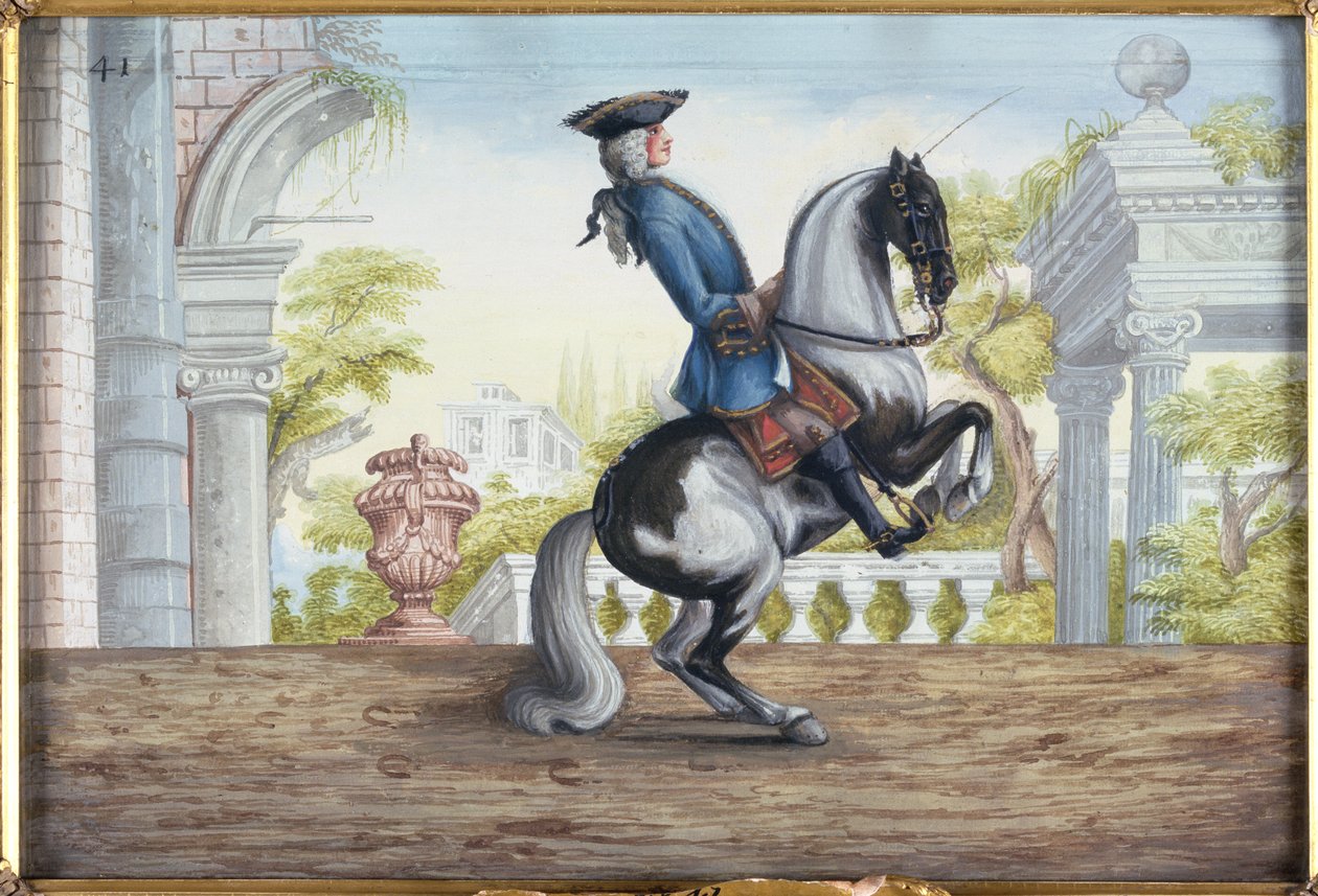 Un cavallo pezzato della Scuola di Equitazione Spagnola che esegue la Pesade da Baron Reis Eisenberg