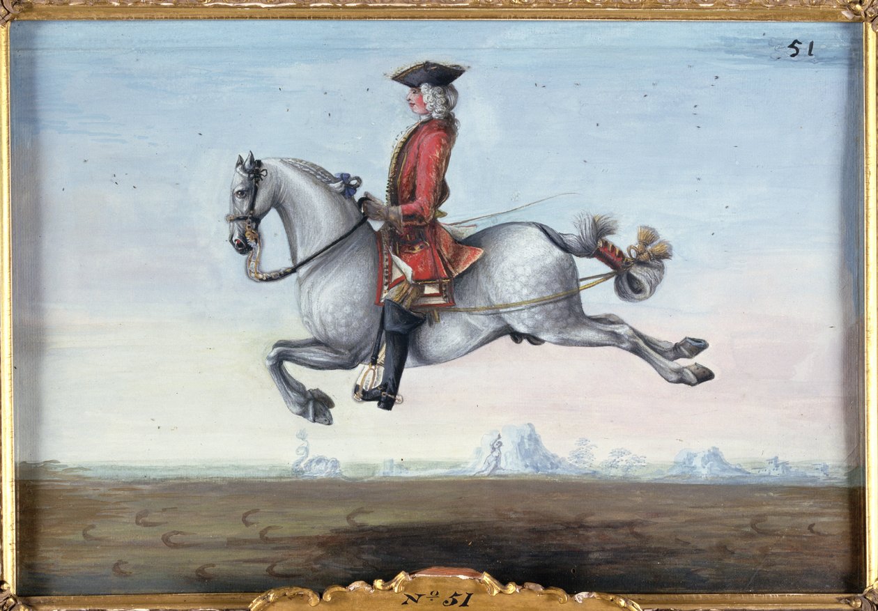No. 51 Un cavallo grigio maculato della Scuola di Equitazione Spagnola eseguendo un movimento di dressage chiamato Capriole da Baron Reis Eisenberg