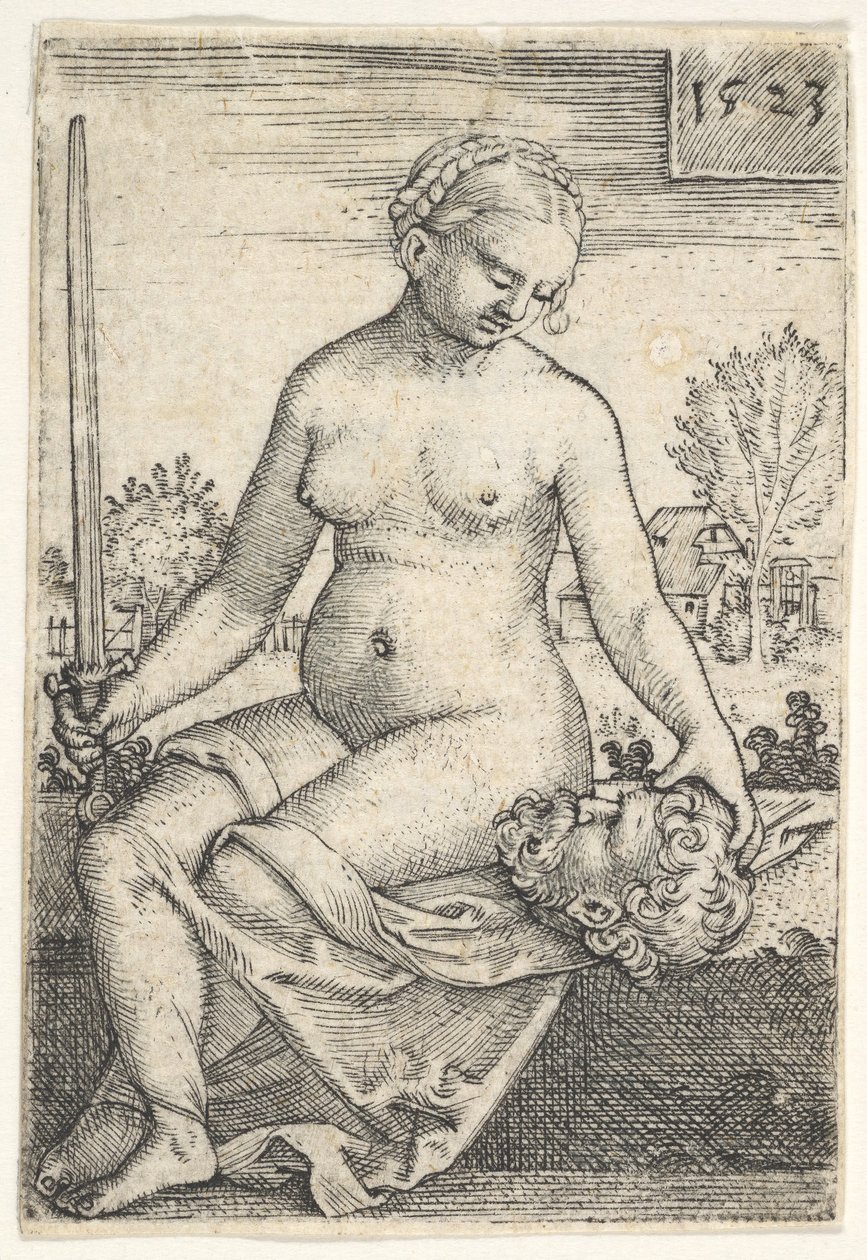 Giuditta, nuda seduta con una spada nella mano destra, che guarda la testa di Oloferne da Barthel Beham