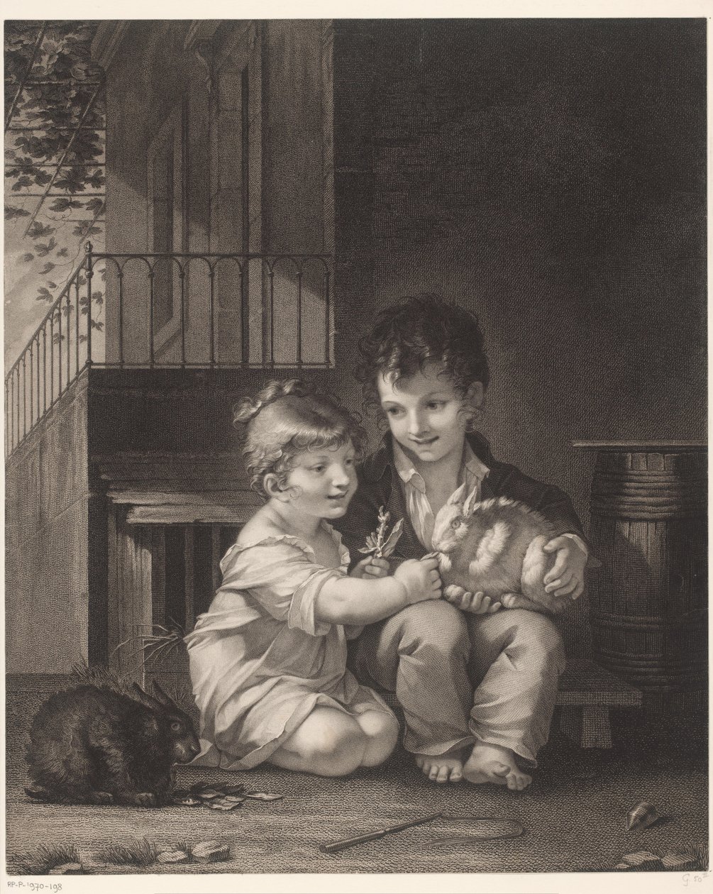 Due bambini con conigli da Barthélémy Joseph Fulcran Roger