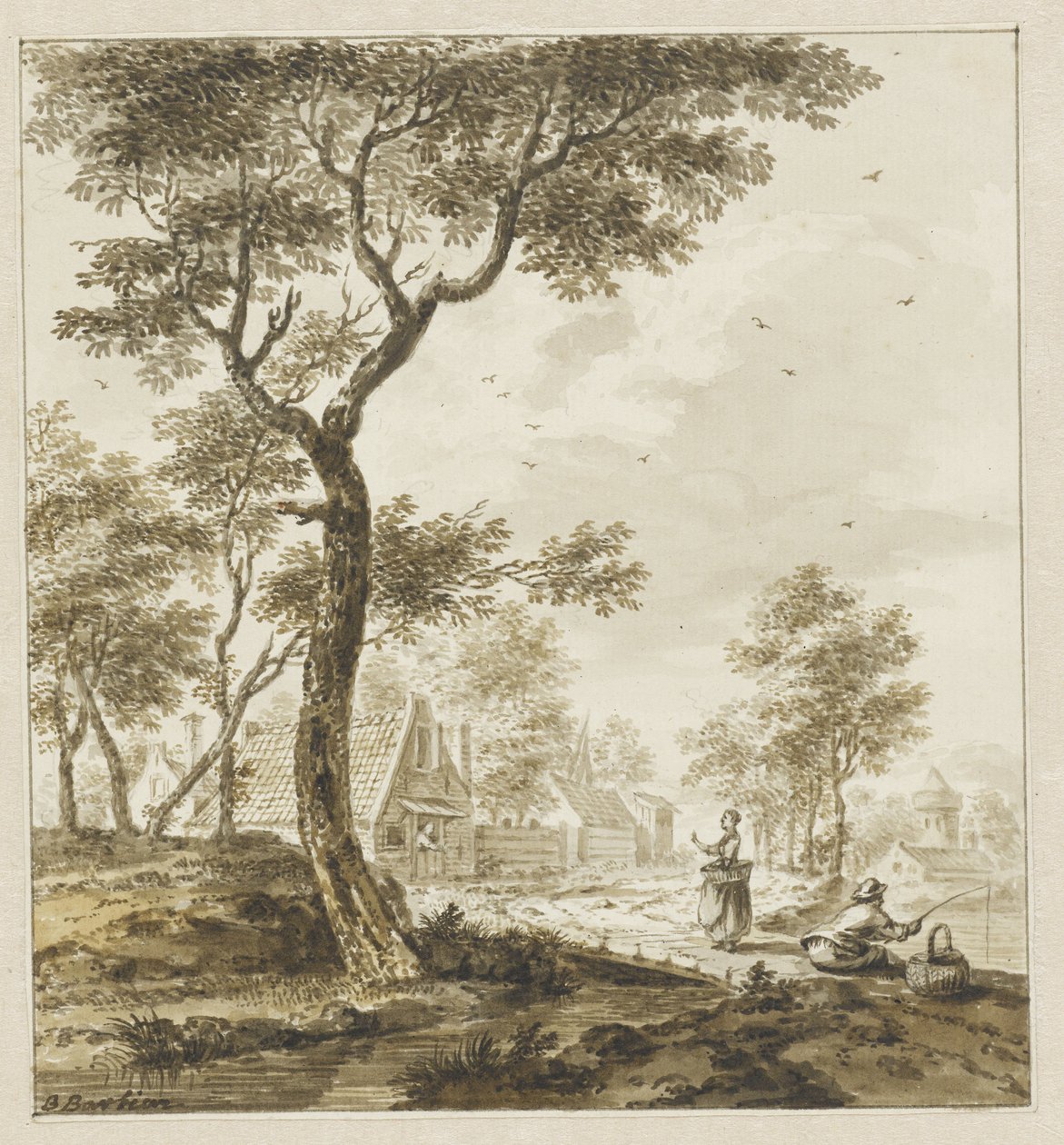 Paesaggio con figure e pescatore a destra da Bartholomeus Barbiers