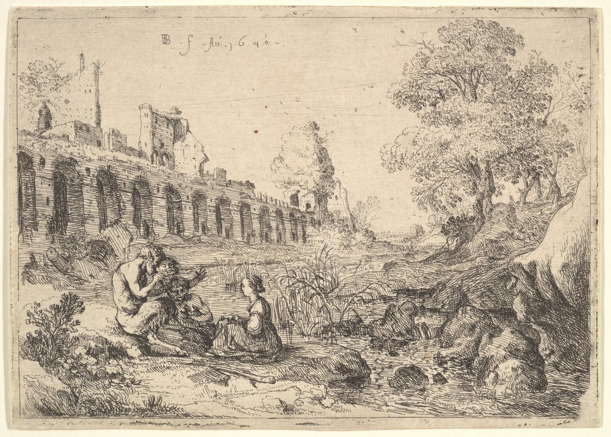 Corsica seduta davanti a satiri sulla riva di un fiume, da una coppia di piatti per Battista Gu..., 1640 da Bartholomeus Breenbergh