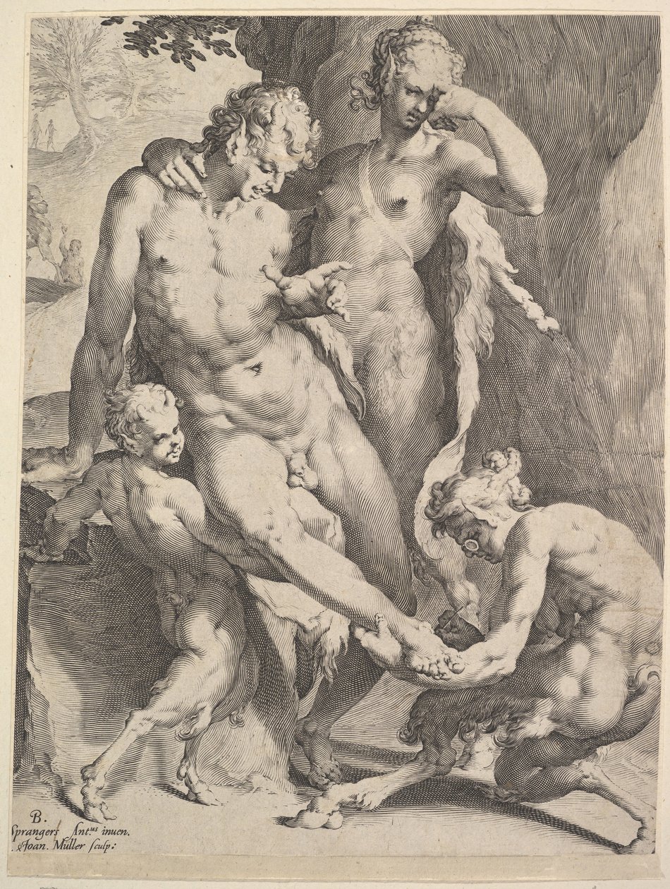 Oreadi che rimuovono una spina dal piede di un satiro, 1590 da Bartholomeus Spranger