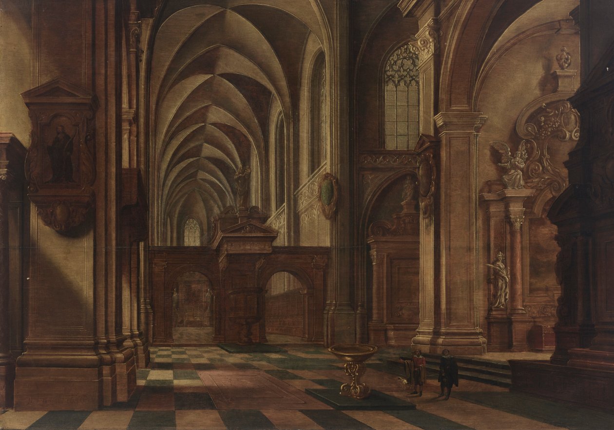 Interno di una chiesa cattolica, con figure e un cane accanto a un fonte battesimale in primo piano da Bartholomeus van Bassen