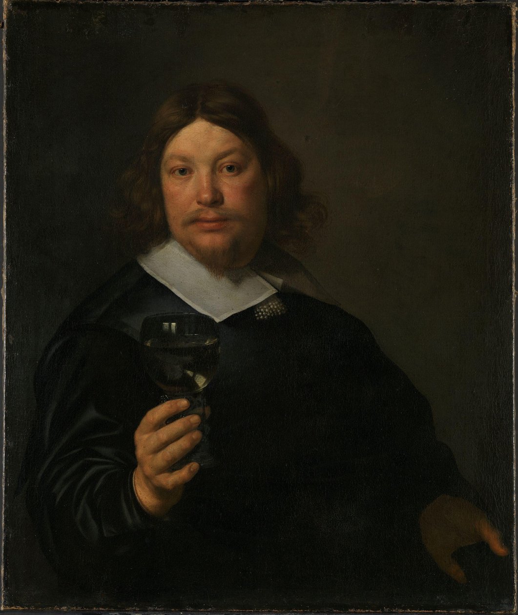 Norvegese Bokmål:  Mann med rhinskvinglass Uomo con un bicchiere di vino in mano da Bartholomeus van der Helst