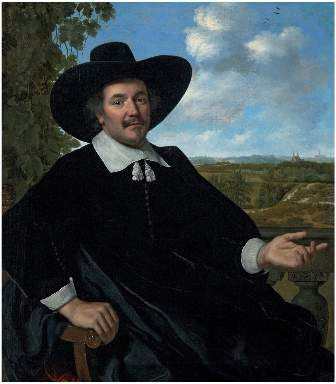 Ritratto di Gabriel Marselis, di tre quarti, seduto, davanti a una balaustra, paesaggio con casa di campagna e vista lontana di Haarlem da Bartholomeus van der Helst